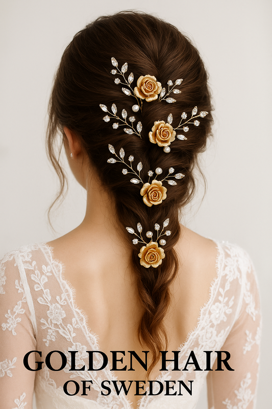 4 st Brud Blomma Bröllop Hårnålar – Guld Hårtillbehör  & Strass